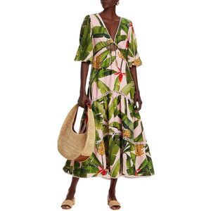 Farm Rio Womens Banana Leaves Tiered Maxi Dress X-Small Pink - NWT $285